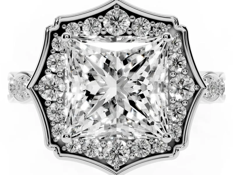 Princess Cut Vintage Scalloped Halo Engagement Ring Setting | Pave Band | Sterling Silver