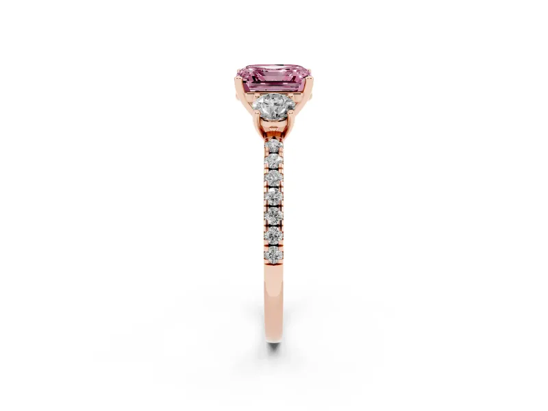 Asscher Cut Three Stone Engagement Ring Setting for a Fancy Pink Lab-Grown Diamond | Pave Shoulders | Rose Gold