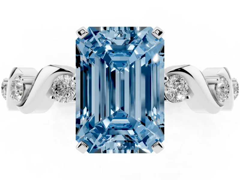 Fancy Blue Emerald Cut Diamond Solitaire Ring Set in White gold with Ribbon Twist Band, Round Accents and Prong Setting