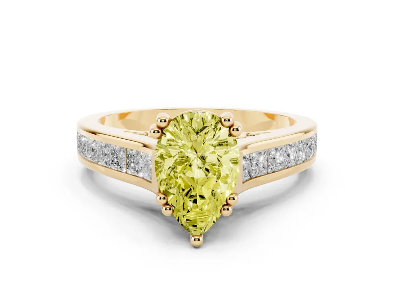 Fancy Yellow Pear Cut Diamond Channel Set Solitaire Engagement Ring Set in Yellow gold with Prong Setting