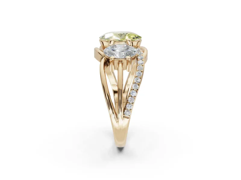 Oval Three Stone Split Shank Engagement Ring Setting for a Fancy Yellow Lab-Grown Diamond | Matching Sides | Yellow Gold