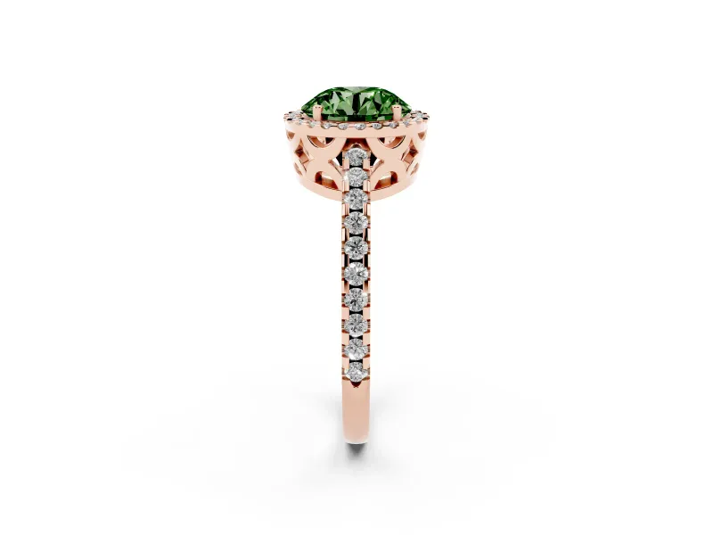 Round Halo Engagement Ring Setting for a Fancy Green Lab-Grown Diamond | Half Pave Band | Rose Gold
