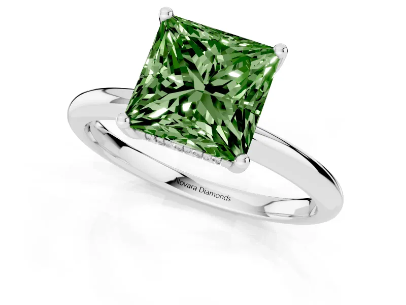 Fancy Green Princess Cut Diamond Solitaire Engagement Ring Set in Silver with Prong Setting and Polished Band