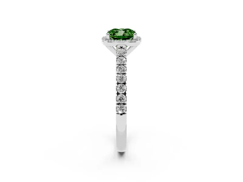 Fancy Green Cushion Cut Diamond Halo Engagement Ring Set in White gold with Pavé Band and Prong Setting