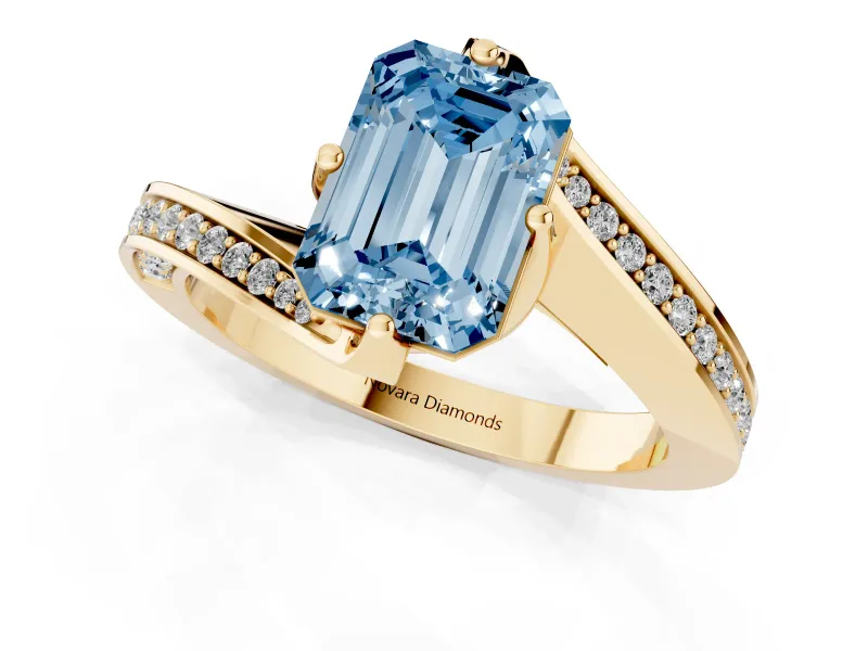 Emerald Cut Bypass Pavé Solitaire Engagement Ring Setting for a Fancy Blue Lab-Grown Diamond | Angled Head | Yellow Gold