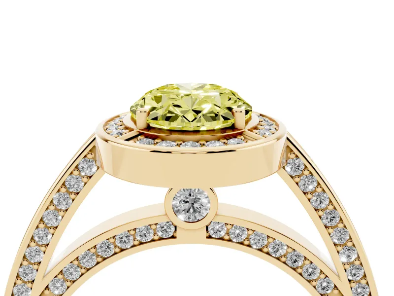 Fancy Yellow Oval Cut Diamond Halo Pavé Split Shank Ring Set in Yellow gold with Prong Setting