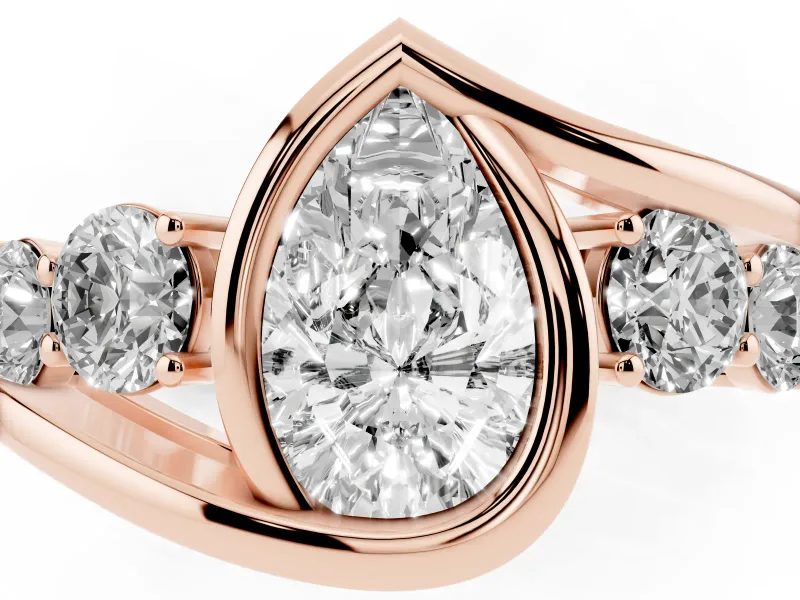 Pear-Shaped Bezel Bypass Engagement Ring Setting | Round Side Stones | Rose Gold
