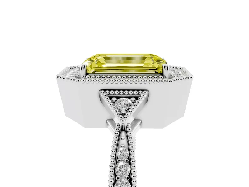 Fancy Yellow Emerald Cut Diamond Halo Engagement Ring Set in White gold with Milgrain Pavé Band