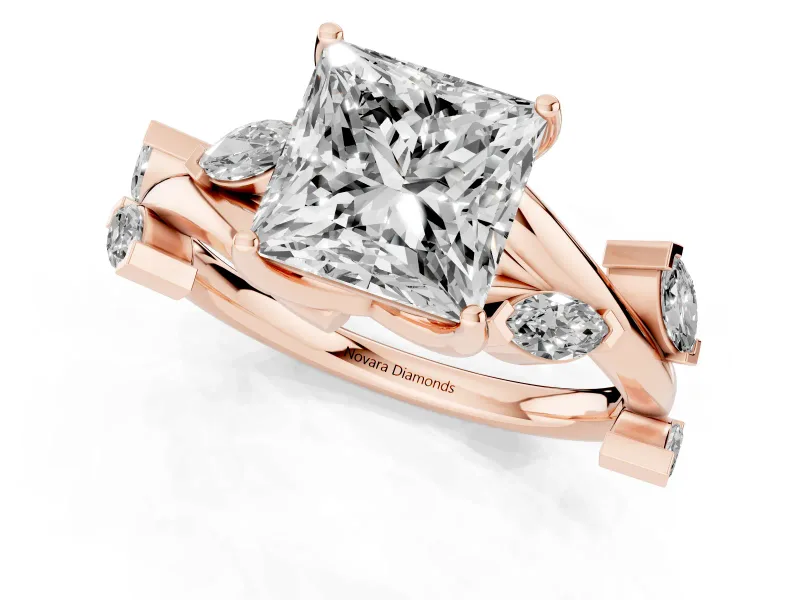 Princess Cut Twisted Vine Engagement Ring Setting | Marquise Side Stones | Rose Gold