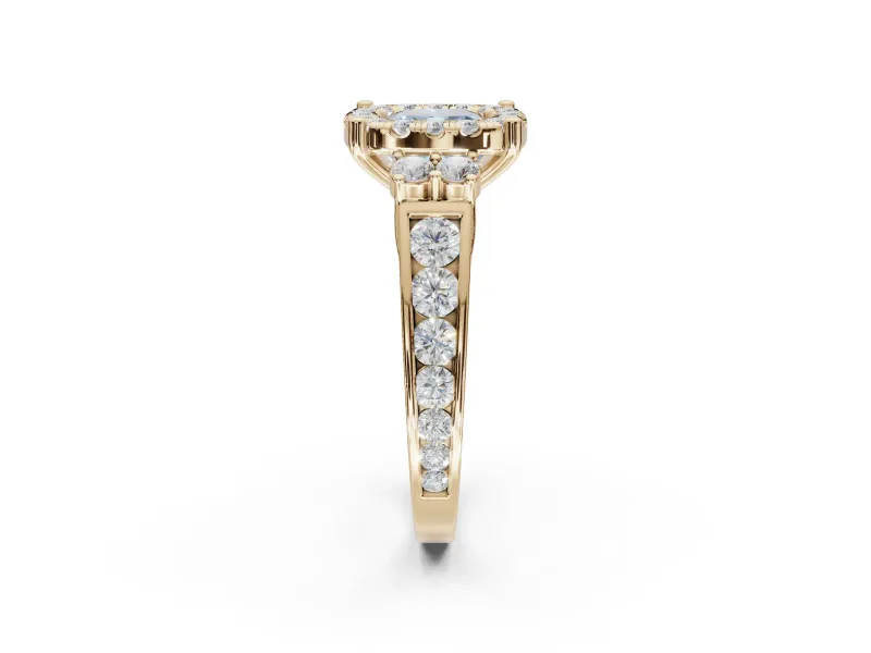 Cushion Cut Halo Engagement Ring Setting for a Fancy Blue Lab-Grown Diamond | Graduated Channel Band | Yellow Gold