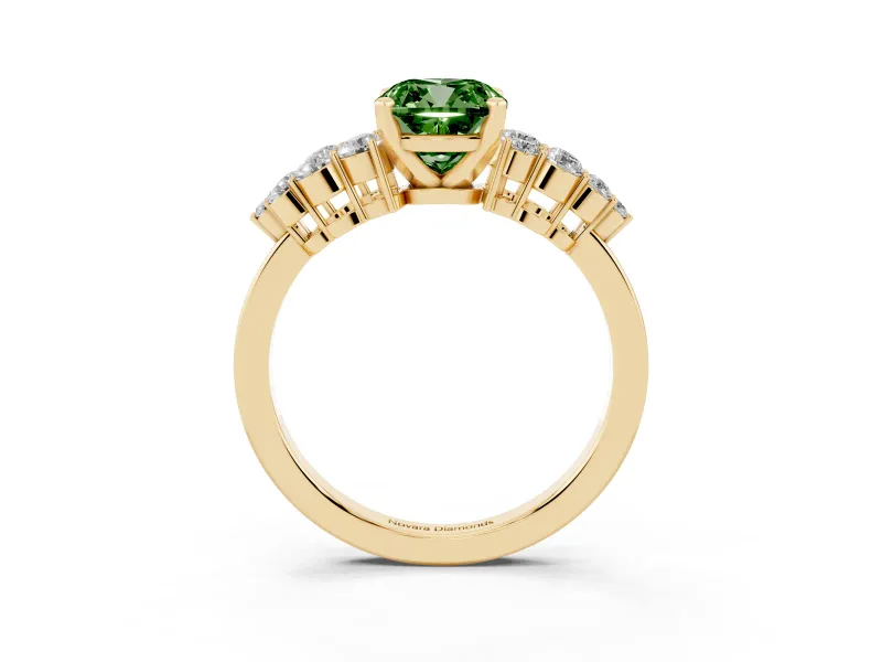 Fancy Green Cushion Cut Diamond Cluster Engagement Ring Set in Yellow gold with Pavé Band and Prong Setting