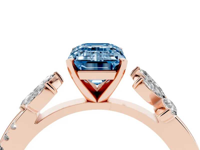 Fancy Blue Emerald Cut Diamond Floral Vine Solitaire Engagement Ring Set in Rose gold with Marquise Leaves