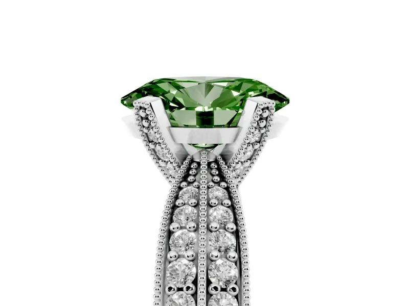 Fancy Green Oval Cut Diamond Solitaire Ring Set in White gold with Milgrain Double Row Round Pavé Band