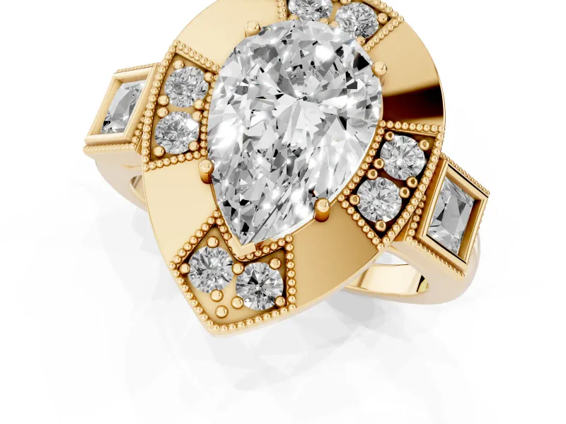 Pear Cut Diamond Milgrain Halo Ring Set in Yellow gold with Split Shank