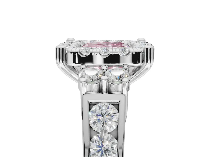 Cushion Cut Halo Engagement Ring Setting for a Fancy Pink Lab-Grown Diamond | Graduated Channel Band | White Gold