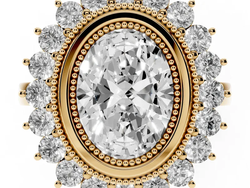 Oval Cut Diamond Halo Ring Set in Yellow gold with Milgrain Edge and Round Prong Setting