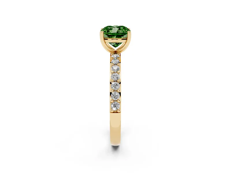 Cushion Cut Pavé Solitaire Engagement Ring Setting for a Fancy Green Lab-Grown Diamond | Single Row Band | Yellow Gold