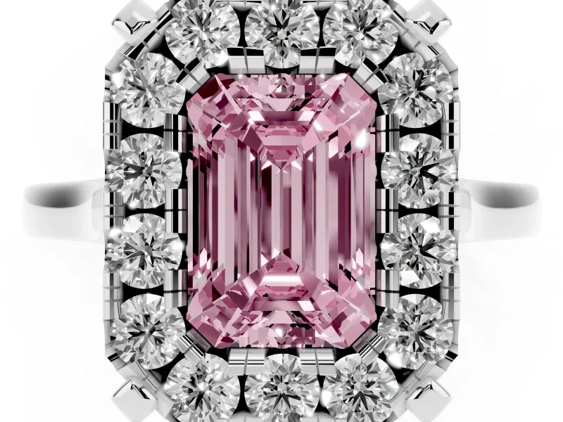Emerald Cut Claw Corner Halo Engagement Ring Setting for a Fancy Pink Lab-Grown Diamond | Slim Plain Band | Platinum