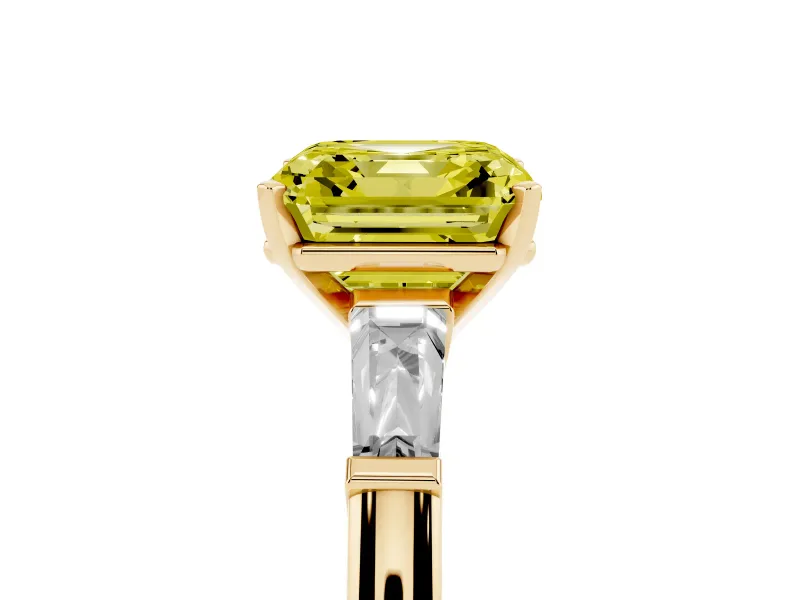 Asscher Cut Three Stone Engagement Ring Setting for a Fancy Yellow Lab-Grown Diamond | Tapered Baguettes | Yellow Gold