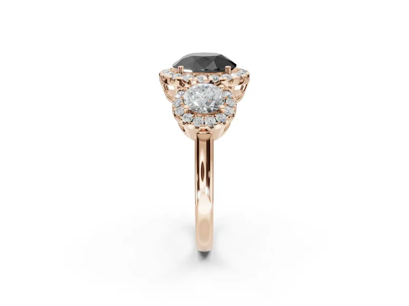 Round Three Stone Halo Engagement Ring Setting for a Black Center | Haloed Side Stones | Rose Gold