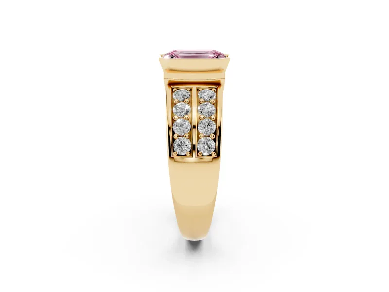 Emerald Cut Half Bezel Engagement Ring Setting for a Fancy Pink Lab-Grown Diamond | Channel Band | Yellow Gold