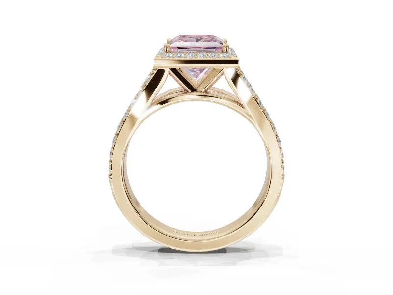 Princess Cut Halo Pavé Engagement Ring Setting for a Fancy Pink Lab-Grown Diamond | Narrow Split Shank | Yellow Gold
