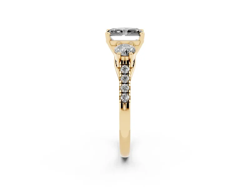Fancy Black Three-Stone Radiant Cut Diamond Pavé Band Ring Set in Yellow gold with Prong-Set Trio