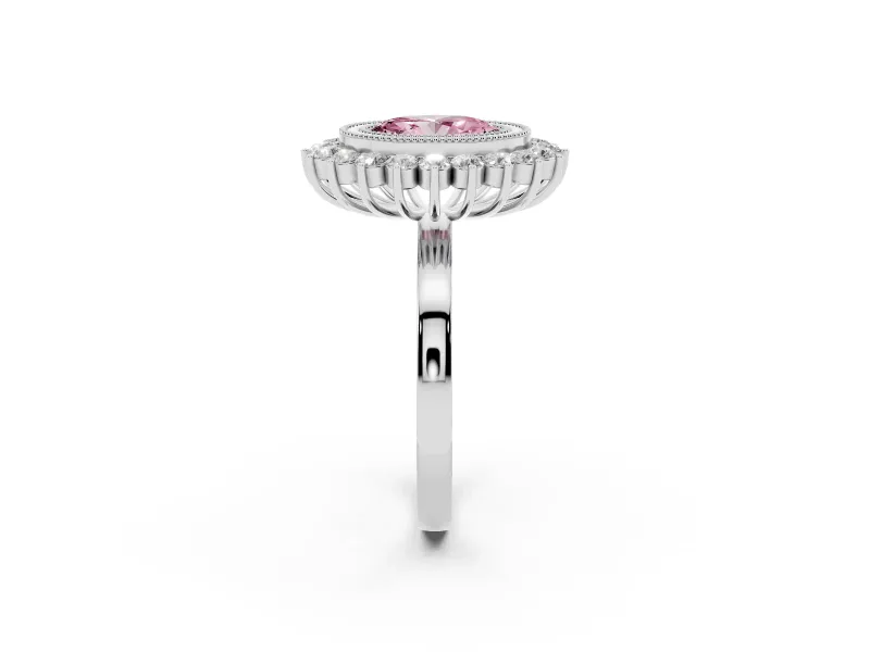Fancy Pink Oval Cut Diamond Halo Ring Set in Silver with Milgrain Edge and Round Prong Setting