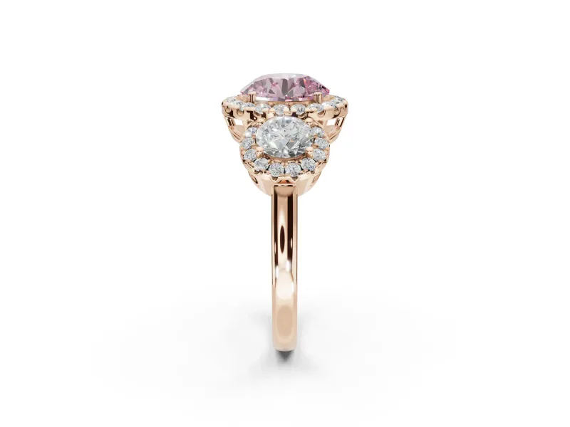 Round Three Stone Halo Engagement Ring Setting for a Fancy Pink Lab-Grown Diamond | Rose Gold