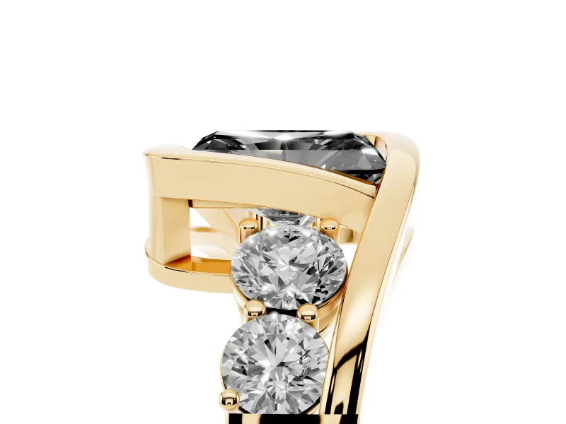 Fancy Black Radiant Cut Diamond Bezel Bypass Ring Set in Yellow gold with Round Accents
