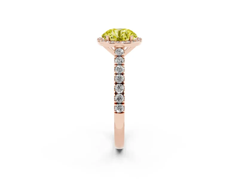 Fancy Yellow Round Cut Diamond Halo Engagement Ring Set in Rose gold with Pavé Band and Prong Setting