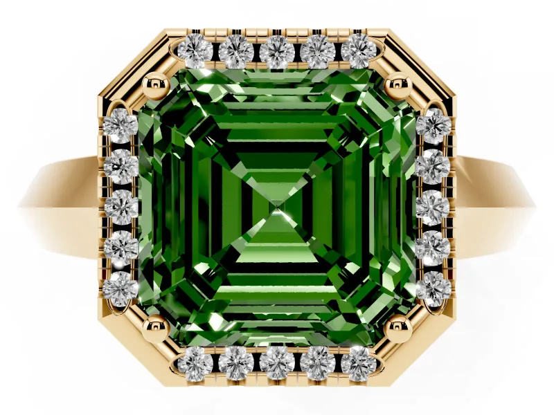 Fancy Green Asscher Cut Diamond Halo Ring Set in Yellow gold with Cathedral Band and Prong Setting