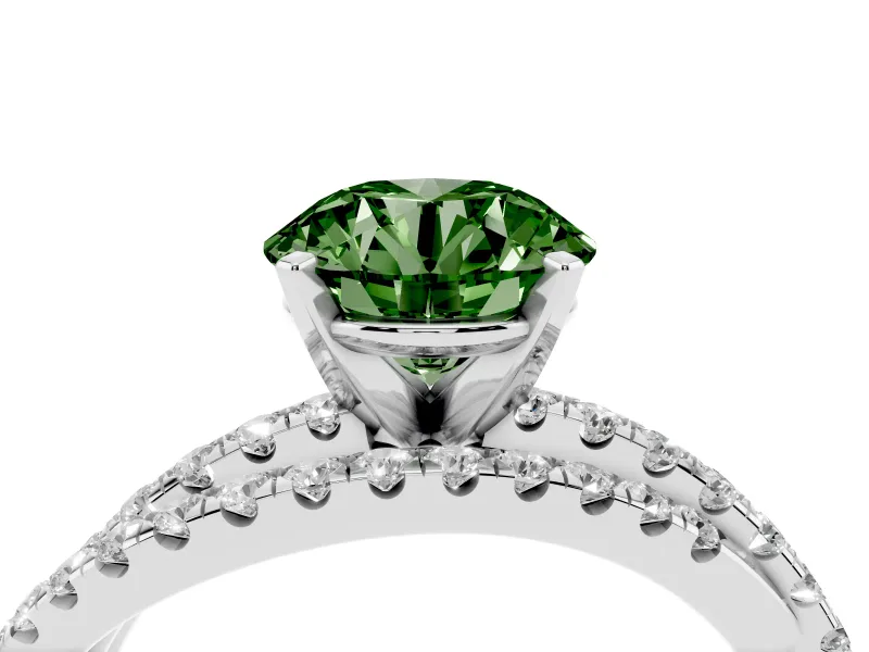 Fancy Green Round Cut Diamond Solitaire Twist Band Ring Set in White gold with Pavé Setting and Prong Head
