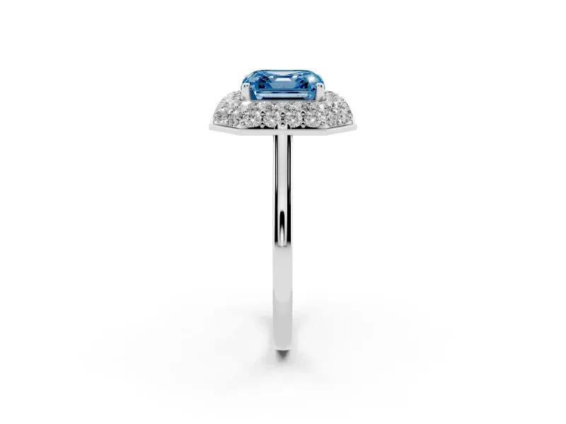 Fancy Blue Asscher Cut Diamond Halo Engagement Ring Set in Platinum with Solitaire Band and Prong Setting