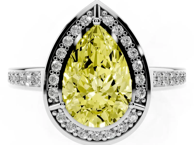 Fancy Yellow Pear Cut Diamond Halo Pavé Split Shank Ring Set in Silver with Prong Setting