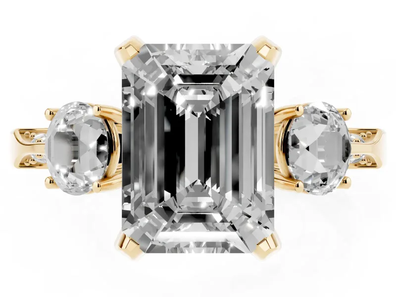 Emerald Cut Hidden Halo Three Stone Engagement Ring Setting for a Fancy Pink Lab-Grown Diamond | Yellow Gold