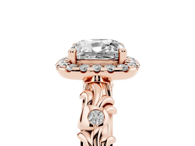 Cushion Cut Filigree Leaf Halo Engagement Ring Setting | Bezel Leaf Accents | Rose Gold