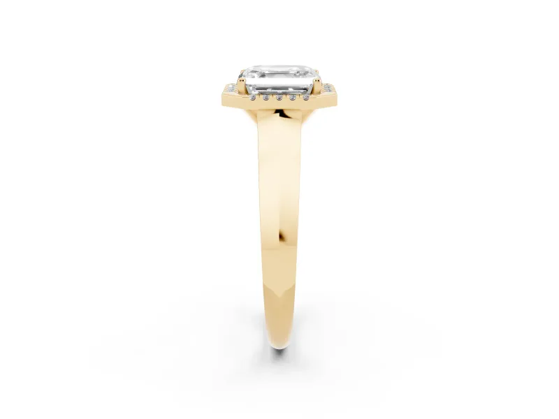 Asscher Cut Diamond Halo Ring Set in Yellow gold with Cathedral Band and Prong Setting