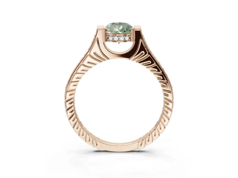 Pear-Shaped Vintage Cathedral Engagement Ring Setting for a Fancy Green Lab-Grown Diamond | Carved Band | Rose Gold