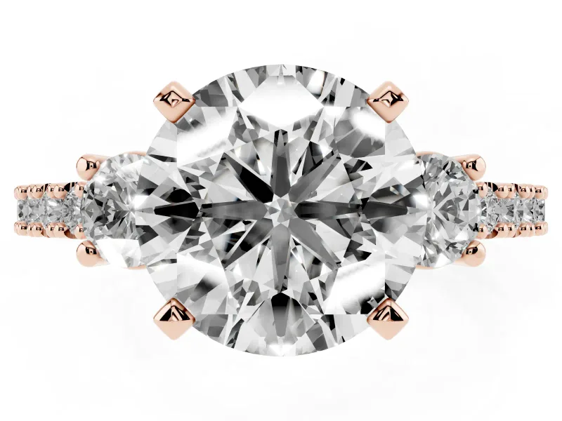 Round Three Stone Pavé Engagement Ring Setting | Round Side Stones | Rose Gold