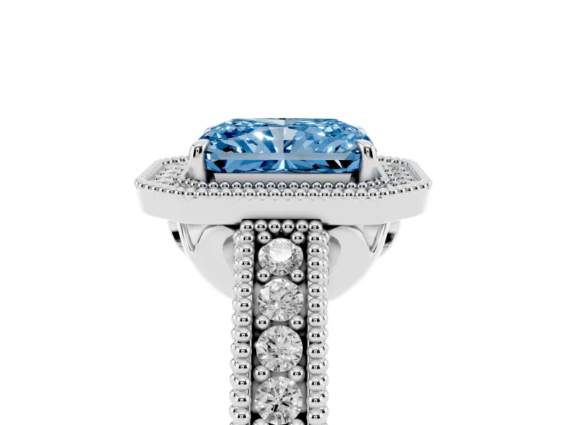 Radiant Cut Milgrain Halo Engagement Ring Setting for a Fancy Blue Lab-Grown Diamond | Sterling Silver