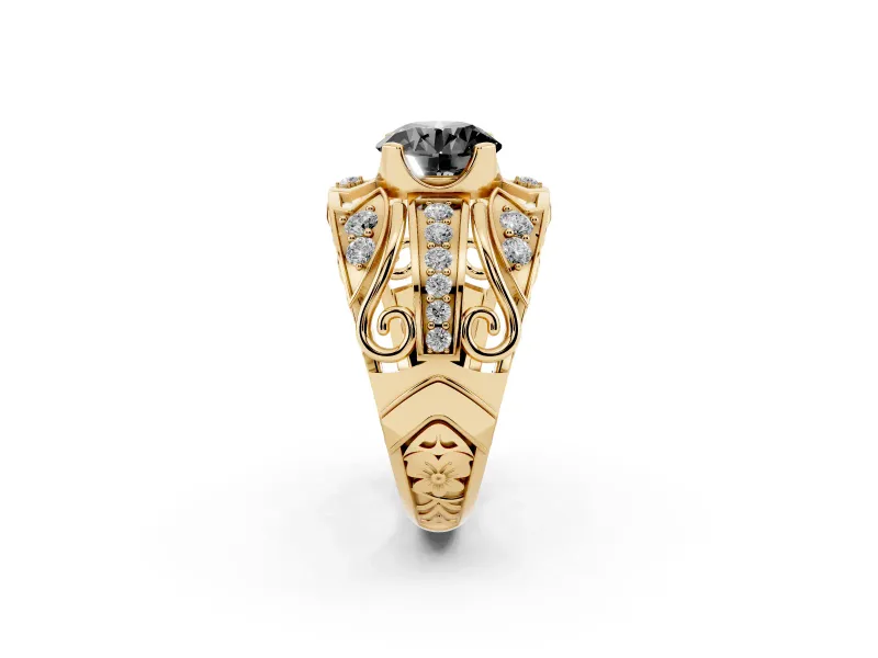 Round Art Deco Graduated Pavé Engagement Ring Setting for a Black Center | Split Shank | Yellow Gold