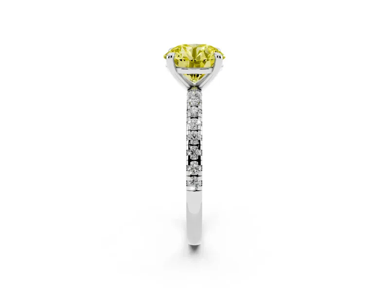Fancy Yellow Round Cut Diamond Brilliant Solitaire Ring Set in Platinum with Pavé Band and Prong Setting