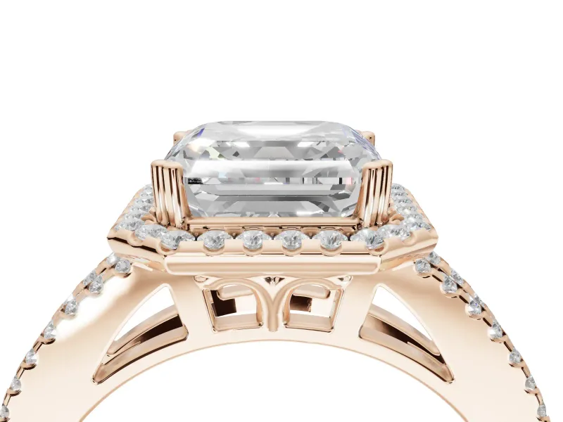 Asscher Cut Halo Split Shank Engagement Ring Setting | Pavé Shoulders | Rose Gold