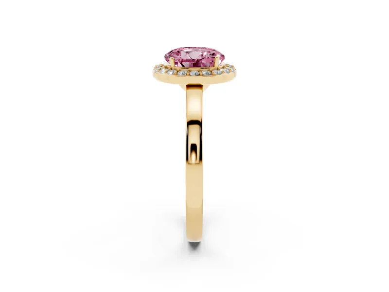 Fancy Pink Round Cut Diamond Halo Ring Set in Yellow gold with Solitaire Band and Prong Setting