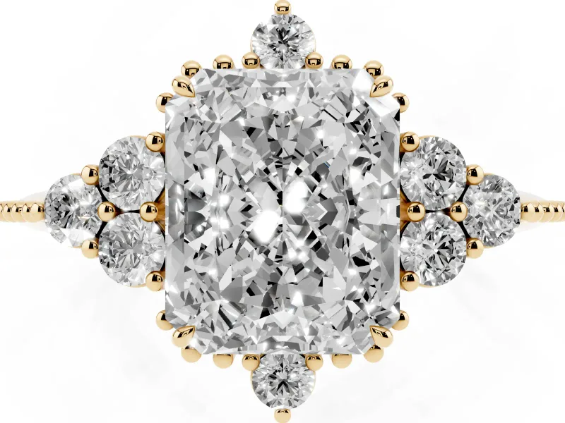 Radiant Cut Vintage Cluster Engagement Ring Setting | Beaded Edges | Yellow Gold