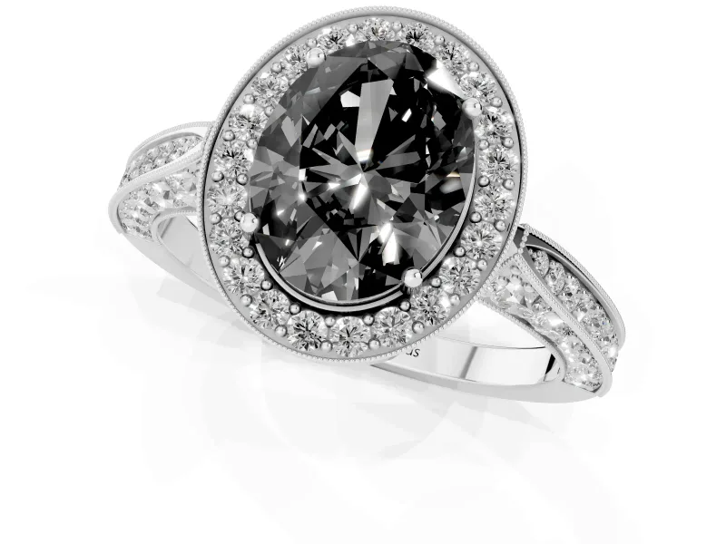 Oval Milgrain Halo Engagement Ring Setting for a Black Center | Side Stones | Sterling Silver