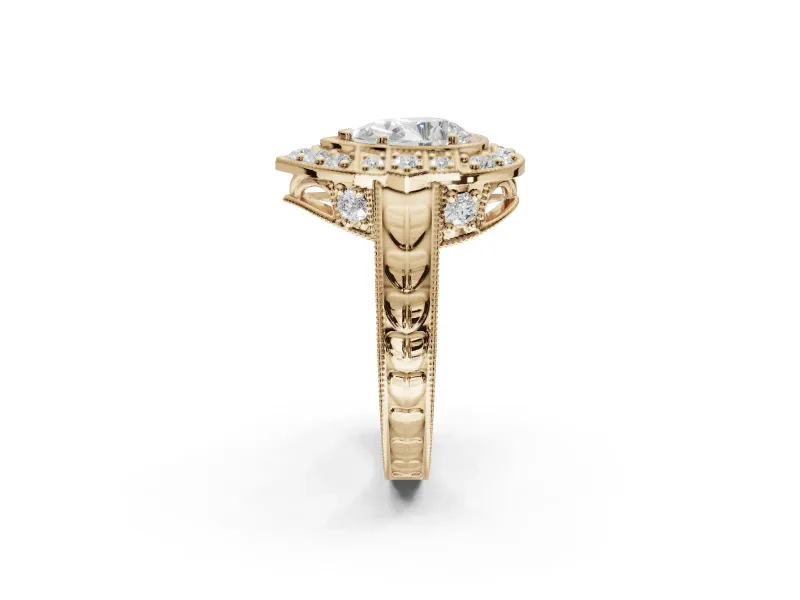 Pear-Shaped Vintage Halo Engagement Ring Setting | Art Deco Side Panels | Yellow Gold