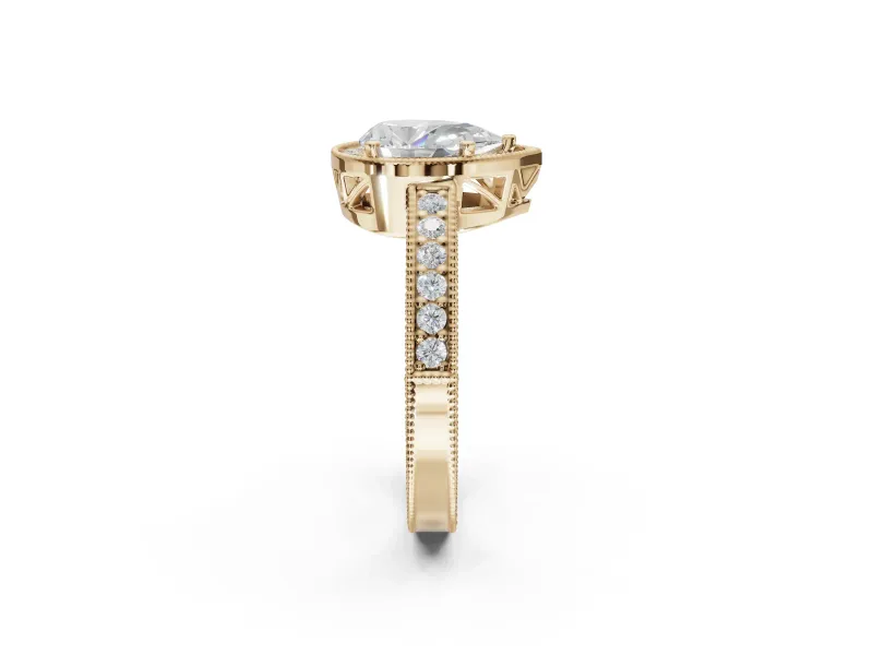 Pear-Shaped Vintage Milgrain Halo Engagement Ring Setting | Wide Pavé Band | Yellow Gold