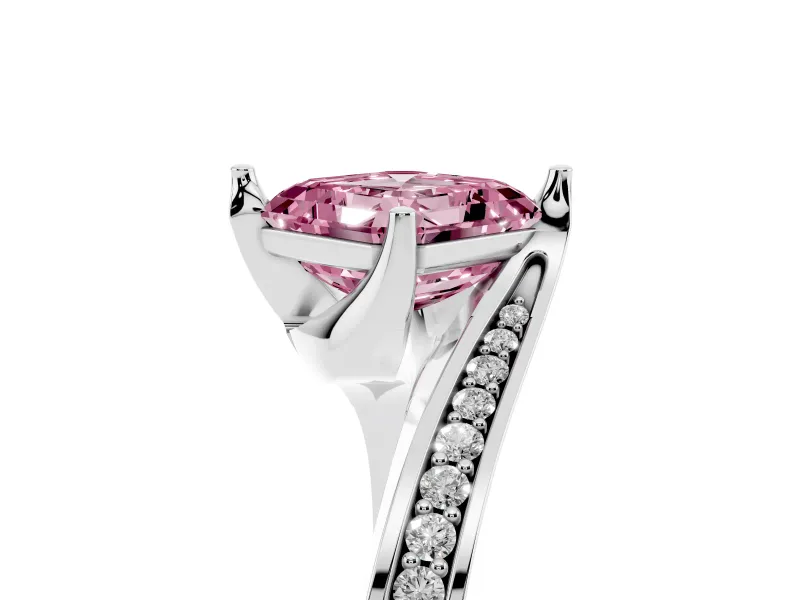 Fancy Pink Asscher Cut Diamond Solitaire Ring Set in Silver with Intertwined Pavé Twist Band